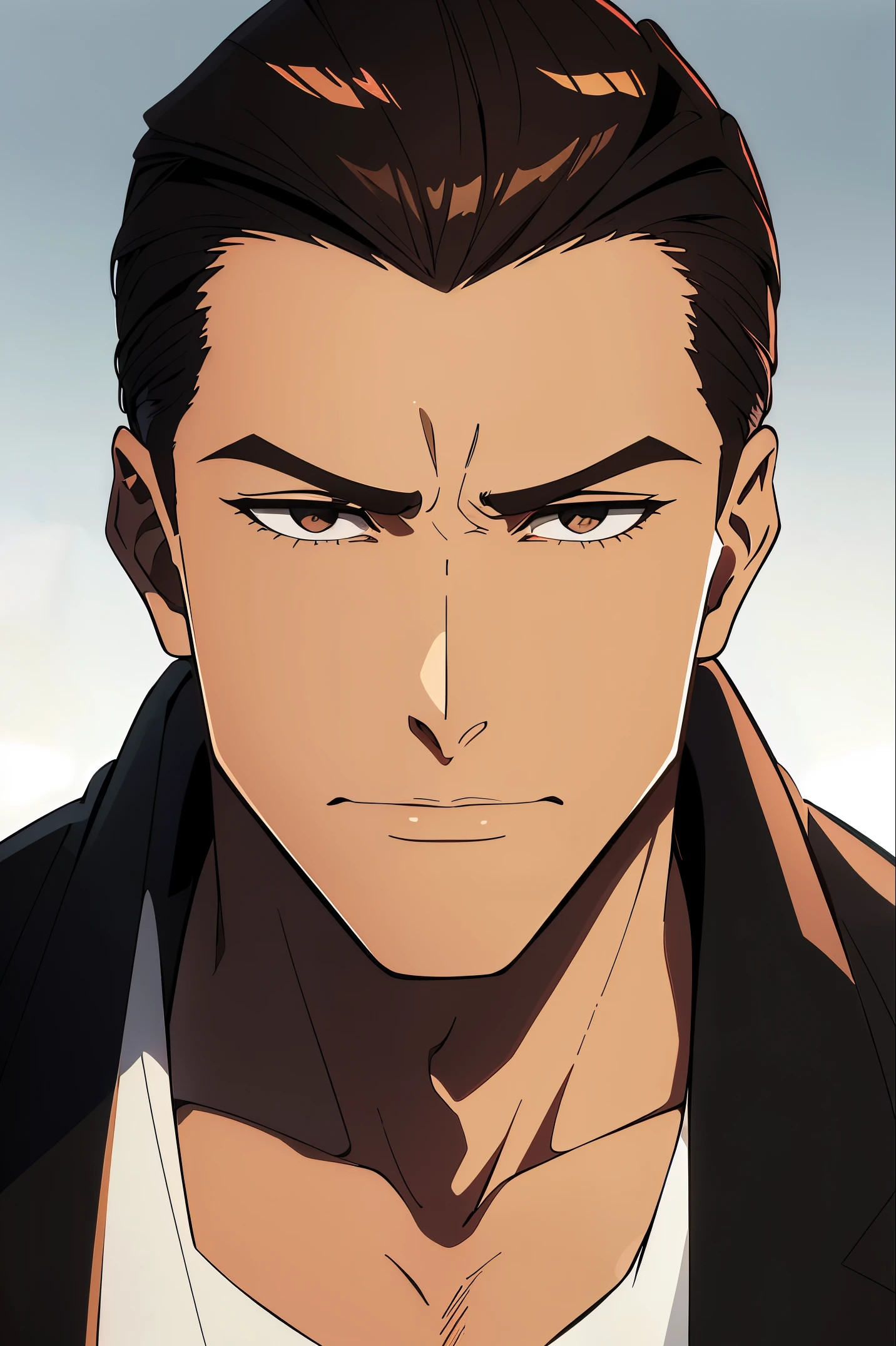 a Muscular male with Brown hair slicked back wearing all black, upper body, close-up, masterpiece, best quality