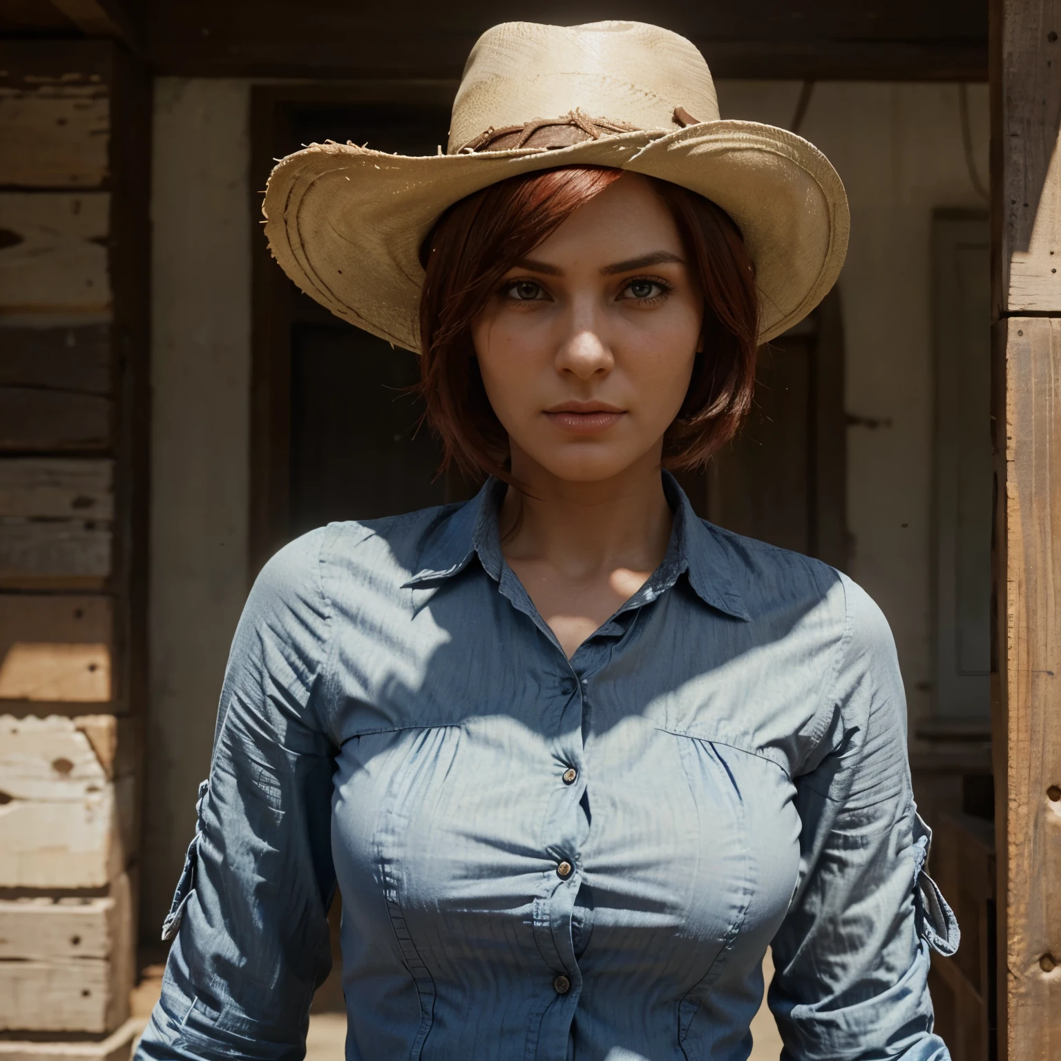 Personagem mulher estilo red dead redemption, ela tem cabelos ruivos e curtos, olhos esmeraldas e tom de pele branco