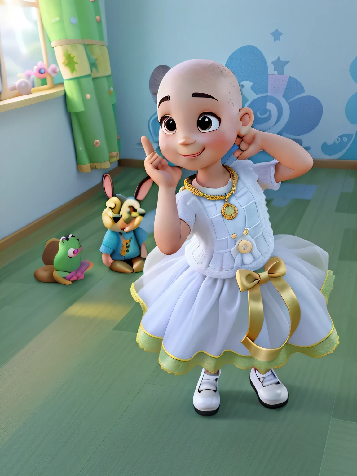 Disney Pixer style poster a 5 year old white girl, black eyes, small mouth, small, bald ear, smiling, wearing an amber necklace, crochet frog, tulle skirt, gold tip, white blouse, holding in her right hand a hair bow with bunny ears, wooden floor, background, green curtain pixel style disney blue wall, Alta qualidade e melhor qualidade
