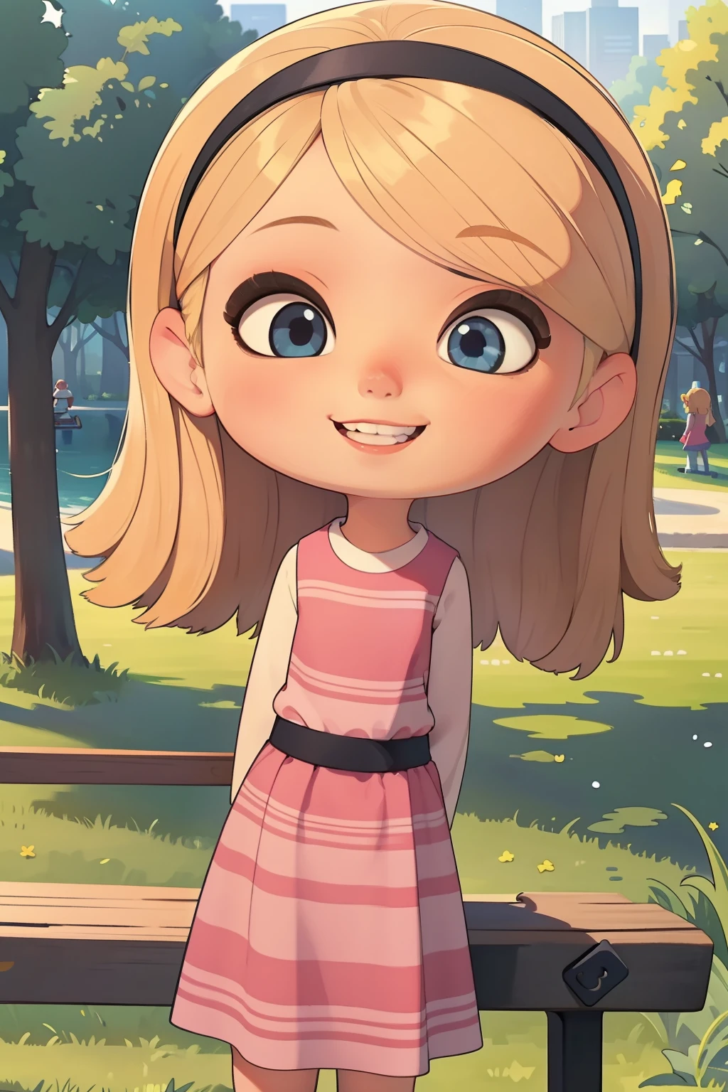 ((masterpiece, best quality)),1girl, solo,child, penny peterson, blonde hair, hairband, pink dress, blue eyes, red lips, mary janes ,high tube socks, smile, cute smile, happy,, arms behind back, (central park), bench, trees, close up, looking at viewer,