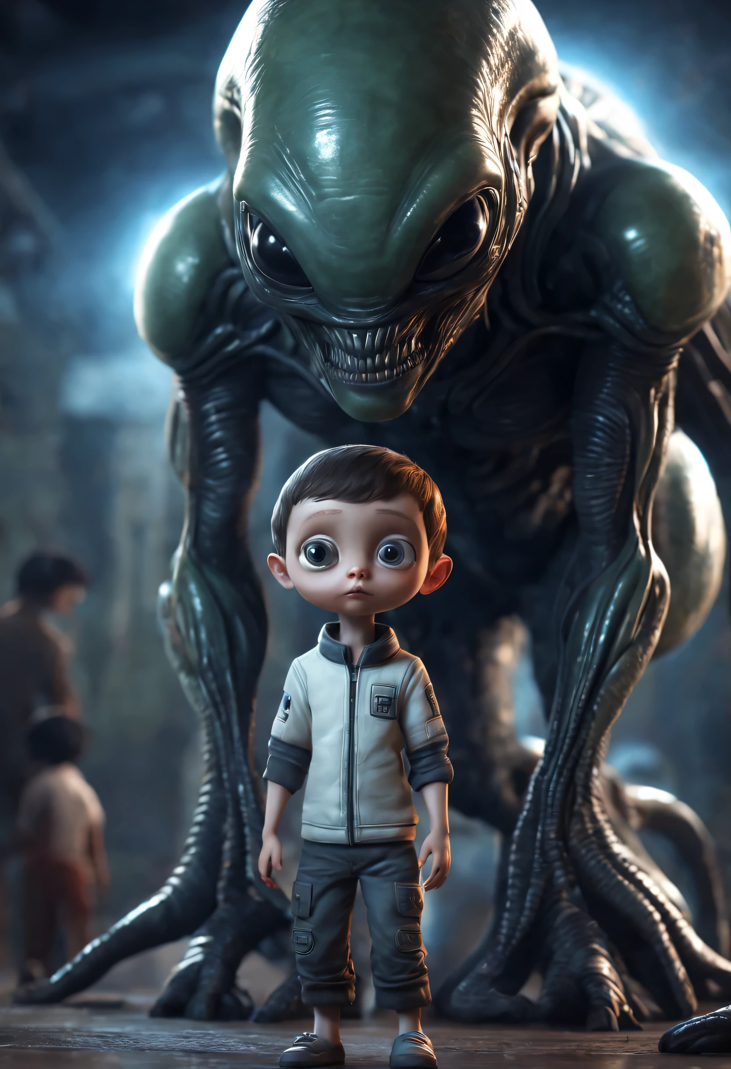 "(melhor qualidade,high resolution:1.2),ultra-detalhado,realista,Estrangeiro,Tiro certeiro,full body view,Symmetrical,corpo curto,pernas curtas,short arms,big head,Enormes olhos negros,narizinho,boquinha,Pele branca,sequestrando um menino"