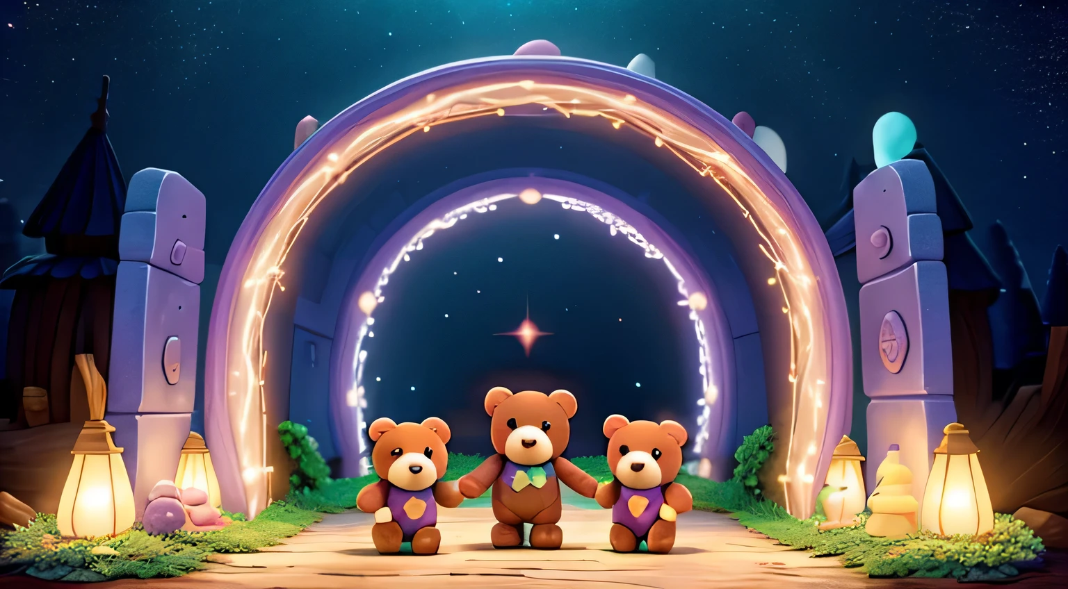 teddy bears passing through a magical portal in candy land, Estilo Disney