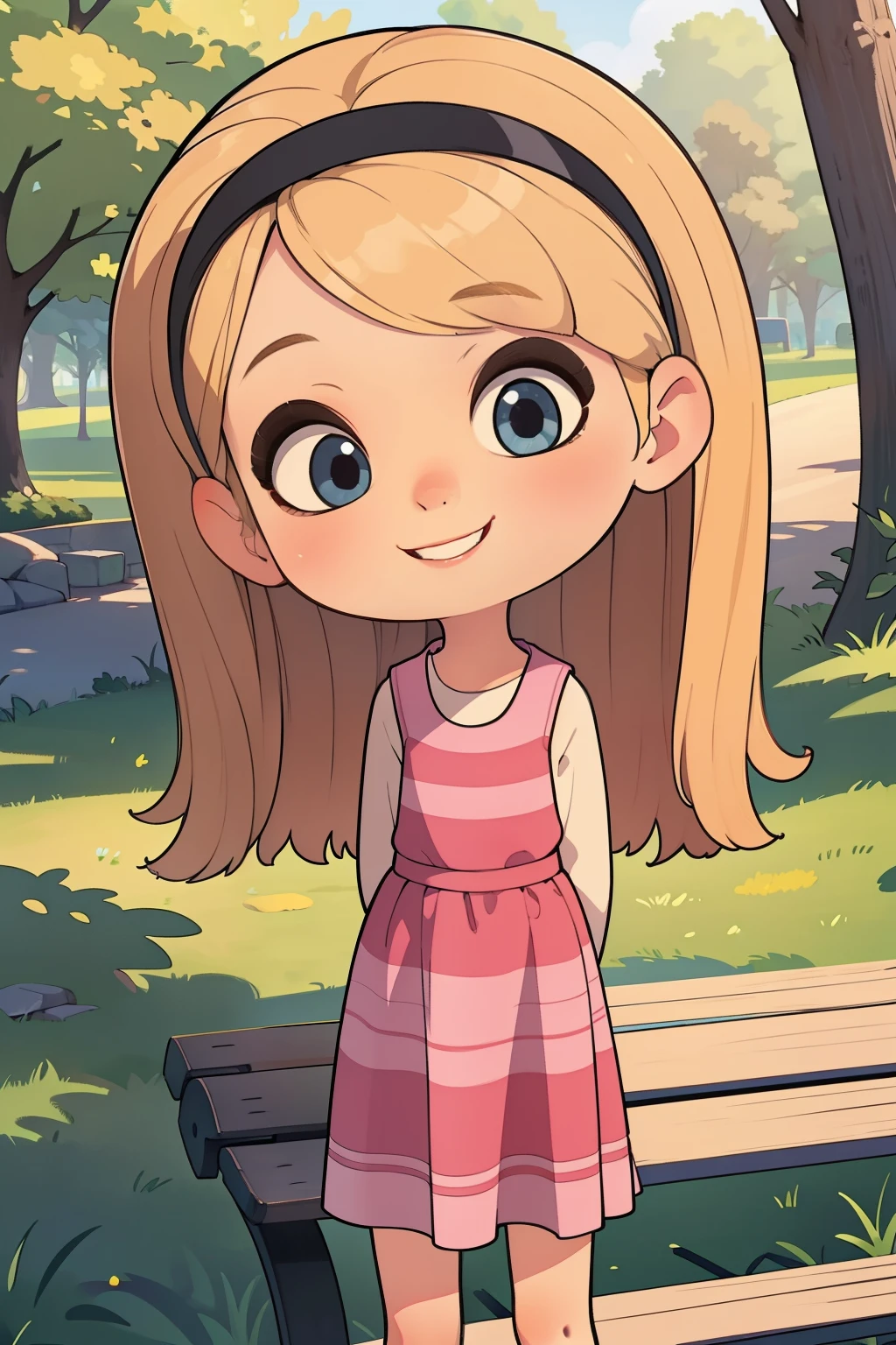 ((masterpiece, best quality)),1girl, solo, penny peterson, blonde hair, hairband, pink dress, blue eyes, red lips, mary janes ,high tube socks, smile, cute smile, happy,, arms behind back, (central park), bench, trees, close up, looking at viewer,