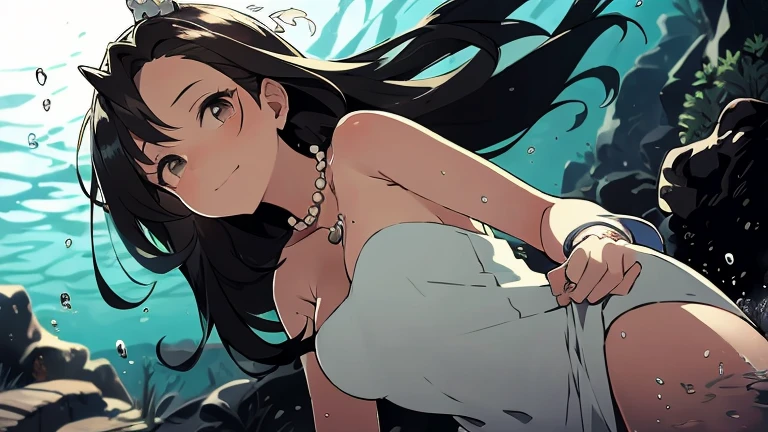 The girl is a diver for shells and pearls. Exotic, warm coral atoll. In an underwater scene, a very beautiful island girl collects shells in the coral reefs underwater. Bluewater, reflections of light from above penetrate through the water, air bubbles, and exotic - tropical underwater landscape. A girl - a diver in a realistic style, flexible - and graceful, with dark skin, and dark long hair developing in the water, dives headfirst for shells on the sandy bottom. Very positive exotic underwater scene - nude islander girl diver. She dives underwater, her hair is developing, there is a necklace on her neck, and there is a bag on a rope for treasure on her bare hips. Realistic visualization, in blue tones, light reflexes, coral atolls in the background (fish, crabs, malus, a variety of underwater tropical animals). High-detail textures, light reflections on the diver’s body, light refraction, and caustics. 8K, FUL HD, cinematic rendering, feature film., brown hair, quad drills, hair over shoulder, very long hair, hair spread out, hair beads, light smile, holding breath, Surrealism, Futurism, Romanticism, chiaroscuro, ray tracing, reflection light, backlighting, halftone, rounded corners, partially underwater shot, from below, wide shot, atmospheric perspective, high quality, highres, textured skin, anatomically correct, masterpiece, ccurate