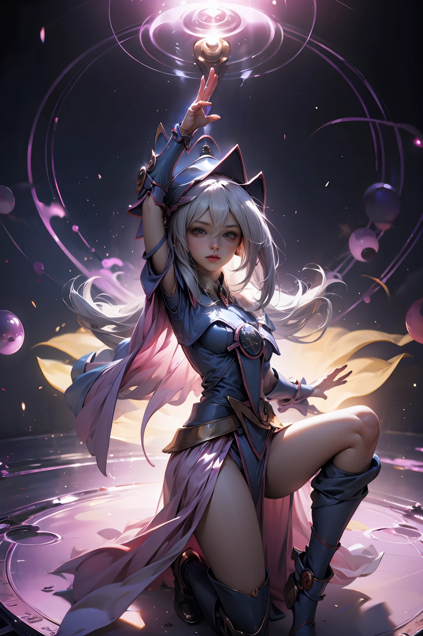 Dark magician gils. Levitating above a circle of magic. Energy heart in the air. Pose de piernas levantadas. Brazos levantados. Pose sensual y inocente. Efectos de hechizos en las manos.