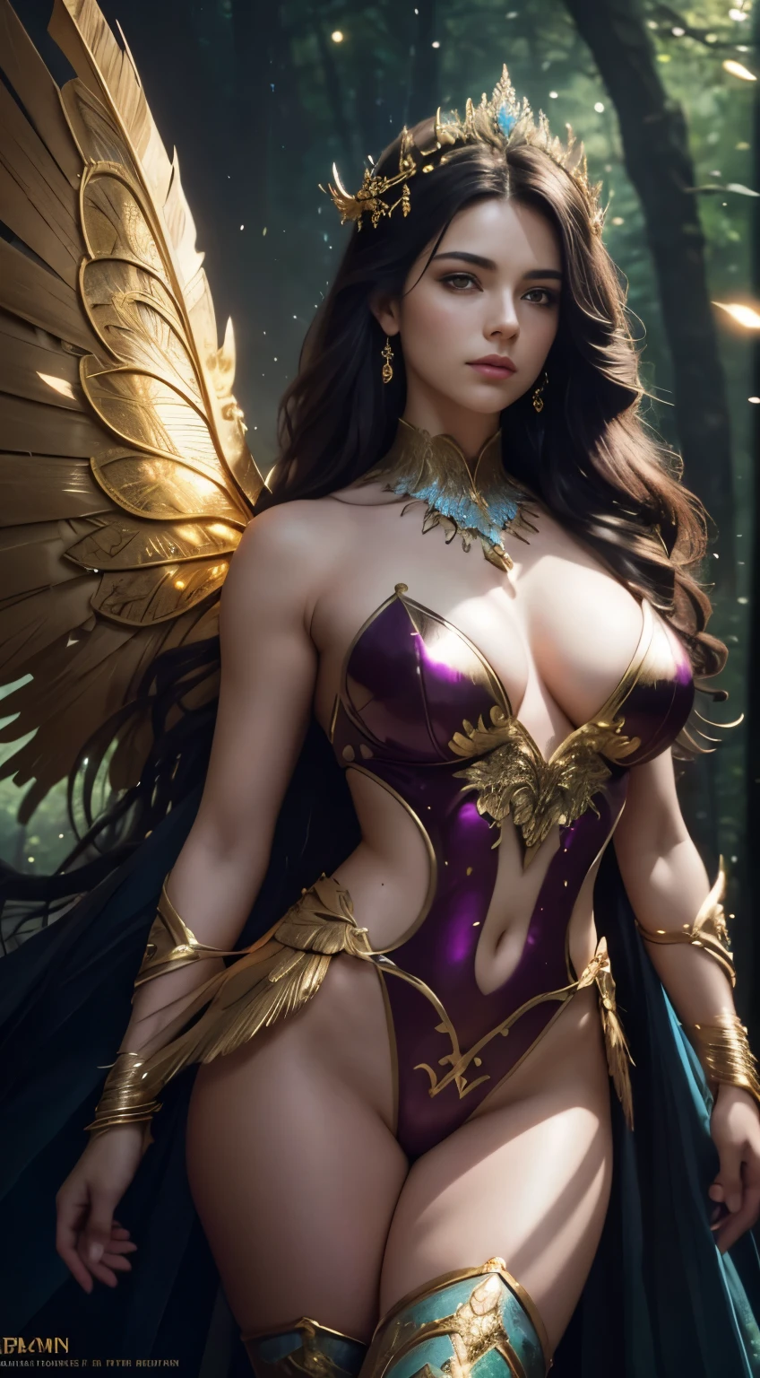 Hiper-realistic Portrait of Beautiful Buxom  Argentinian Fairy, dark hair, fantasy, breathtaking Beauty, (goddess of beauty), feather wings with glow, curved body, muscular abdomen, her hair falls in soft waves over her shoulders, (anatomically correct),  (Detailed eyes), Black , pink and golden suits, (dynamic action pose), enchanting Aura, Stunning Pose , Perfect Legs, Pretty Face Features, Perfect Face, magical forest, flowers, Wadim Kashin, James Gurney, Royo, sharp focus, lights, glitter, emitting diodes, smoke, sparkles, by pascal blanche, rutkowski, repin, artstation, hyperrealism,  detailed character design, octane Rendering, intricate details, highly-detailed, 8k resolution, KODAK gold 400, cinematic lighting, bokeh, high resolution,  Sharp focus 