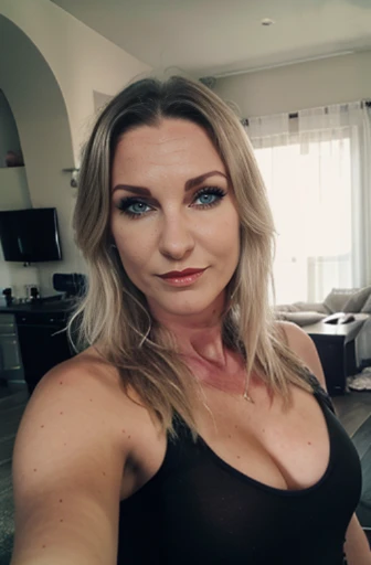 photo of beautiful 45 y.o Marija, medium length blonde hair,  grey green eyes, detailed eyes, pale skin, looking confident, casual, indoor, horny and wanting sex, masterbating, nude, pubic hair visible, cleavage, nsfw, erotic, explicit