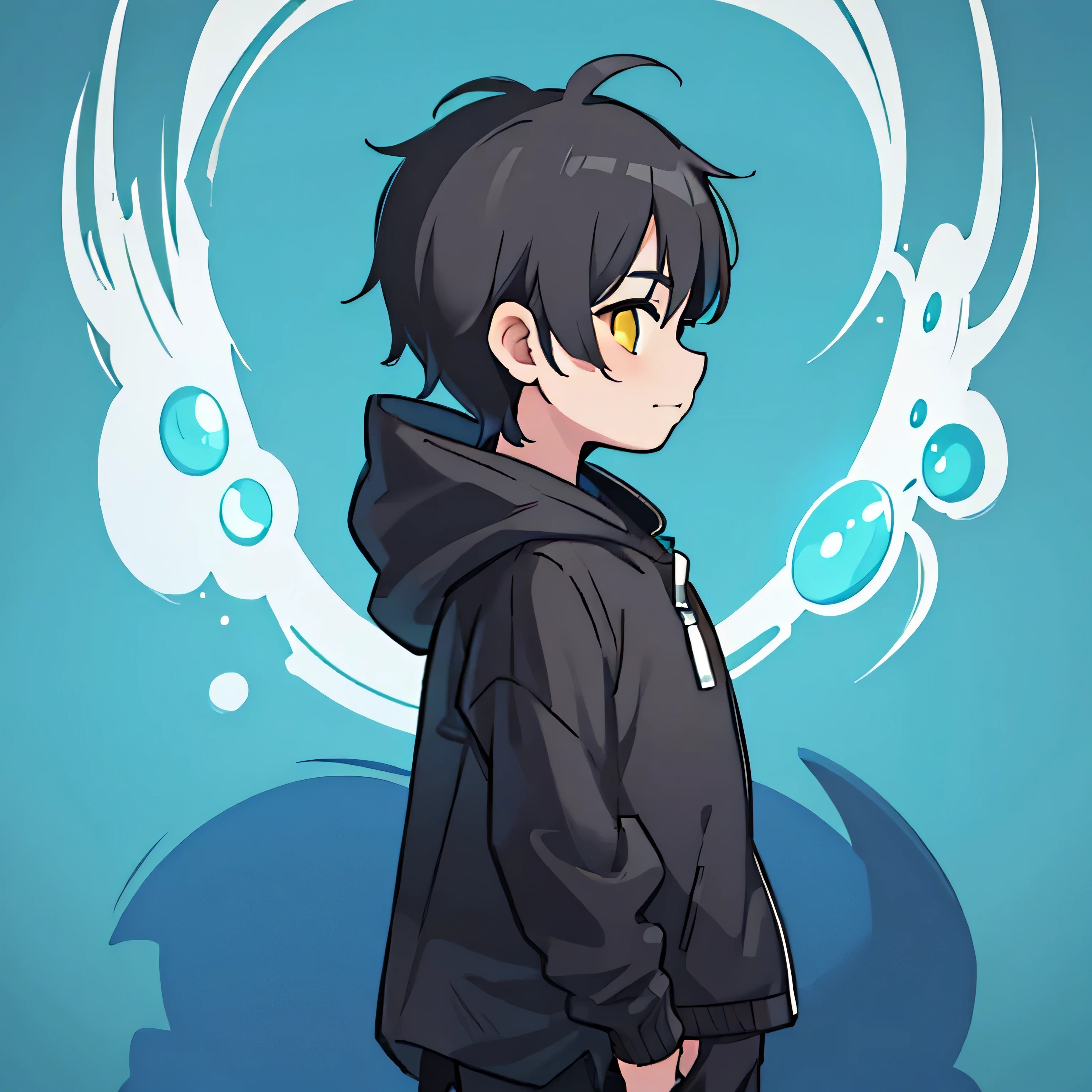 chico anime con una chaqueta negra con cabello negro y ojos amarillos, estilo de arte anime, high quality estilo de arte anime, joven animado, anime estilizado, trigger estilo de arte anime, Estilo anime 2D, modelo de youtuber virtual live2d, anime estilizado, color plano, arte lineal