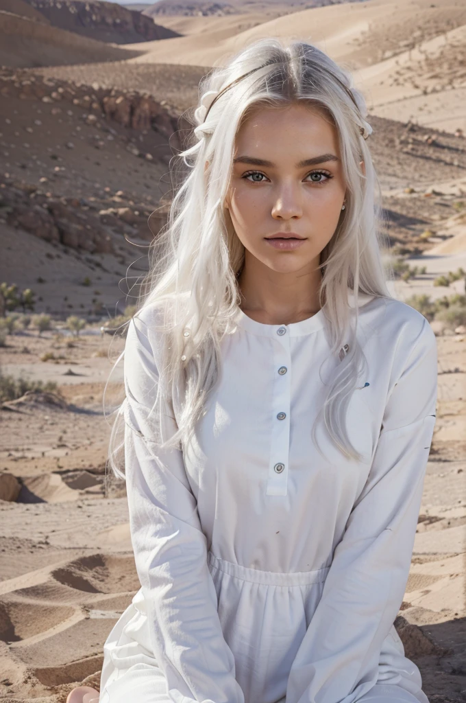 (masterpiece), (best quality:1.0), (ultra highres:1.0), closeup, 1 girl, detailed beautiful, face focus, tomboy, skinny, long hair, norway face, wallpaper 8k, (white colorful hair), beutiful woman, makeup, clothes for the desert, full body, sitting on the quad in the desert, desert