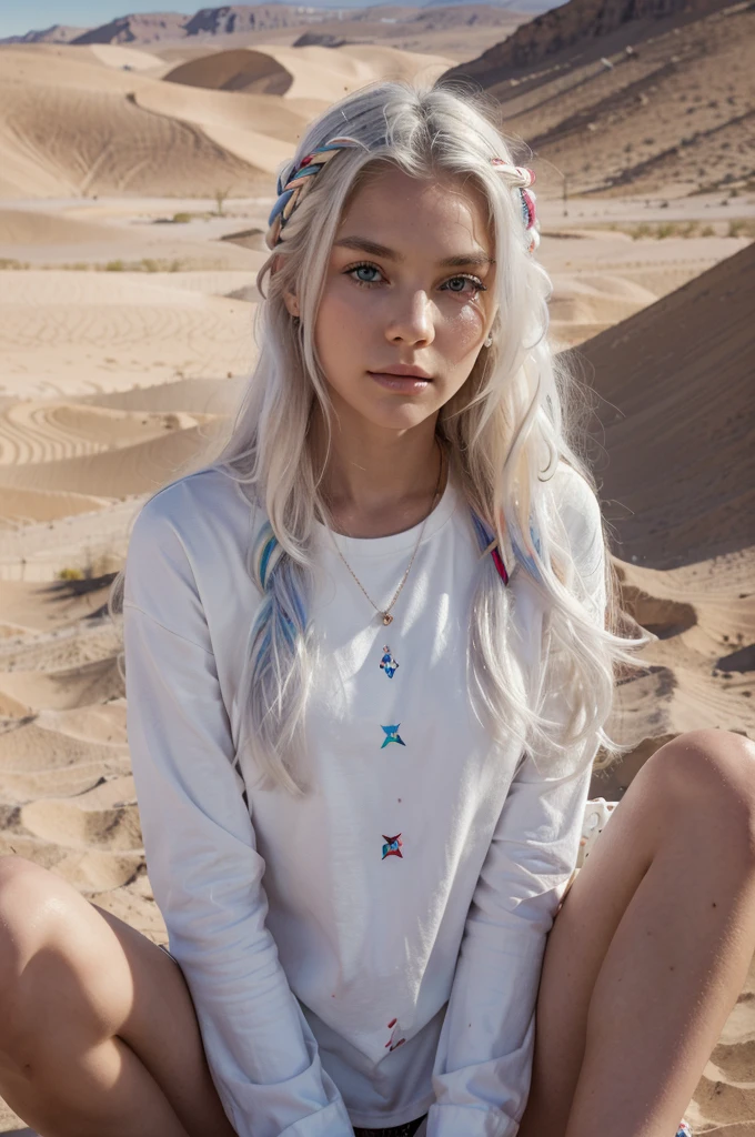 (masterpiece), (best quality:1.0), (ultra highres:1.0), closeup, 1 girl, detailed beautiful, face focus, tomboy, skinny, long hair, norway face, wallpaper 8k, (white colorful hair), beutiful woman, makeup, clothes for the desert, full body, sitting on the quad in the desert, desert
