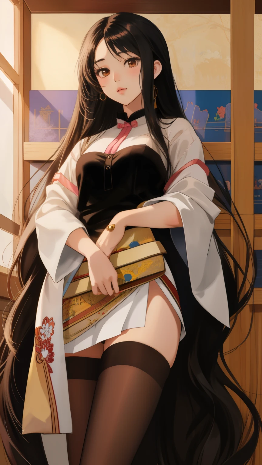 anime, hentai, manga, young girl body, cartoon, black long hair, best quality, young girl, pretty face, brown eyes, in the room, body portrait, long hair cute girl, illustration, anime girl, perfect body, oiled skin, room background,