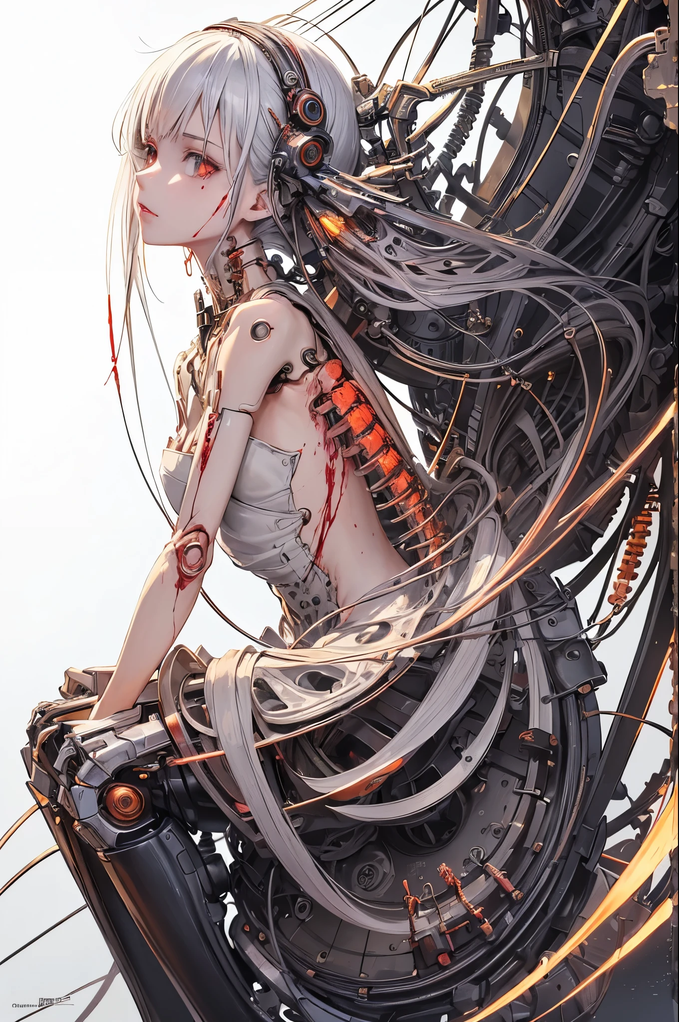 (masterpiece, highest quality, highest quality, official art, beautiful and aesthetic:1.2), (1 girl:1.3), very detailed,colorful,most detailed ((super detailed)), (Detailed CG illustration), ((very delicate and beautiful)),(From the side),cinematic light,((1 mechanical girl)),alone,whole body,(machine made joint:1.2),((mechanical limbs)),(Blood vessels connected to tubes),(mechanical spine attached to the back),((Mechanical cervical vertebrae attached to the neck)),(sitting),Expressionless,(wires and cables connected to the neck:1.2),(Wires and cables on the head:1.2)(character focus),SF,white background,(Blood:1.5)