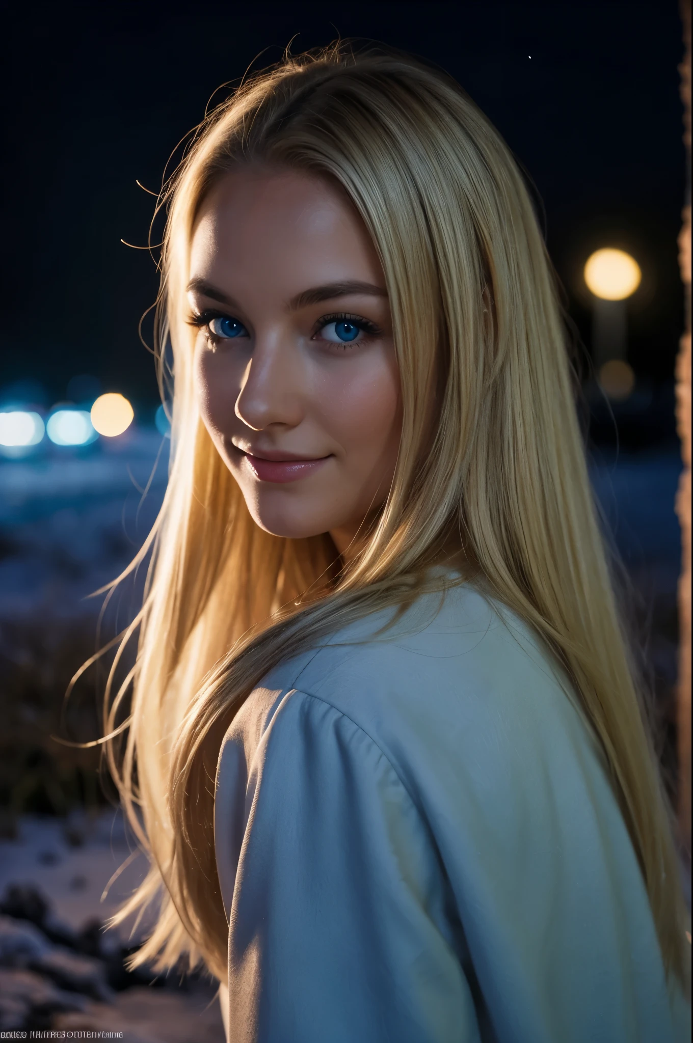 night photography, in the countryside, under the winter starry sky,
1 gorgeous blonde woman,
23 ans, 
subtle smile, 
flirts with the camera,
she’s a model, sensual pose, 
(European girl:1.2),
(Realistic hair:1.2),
(realistic eyes:1.2),
(Beauty face:1.3),
perfect body, 
perfect hands, 
Kodak gold 200, 
National Geographic style, medium shot,
Best quality, ultra highres, (photoreallistic:1.4), 8k,