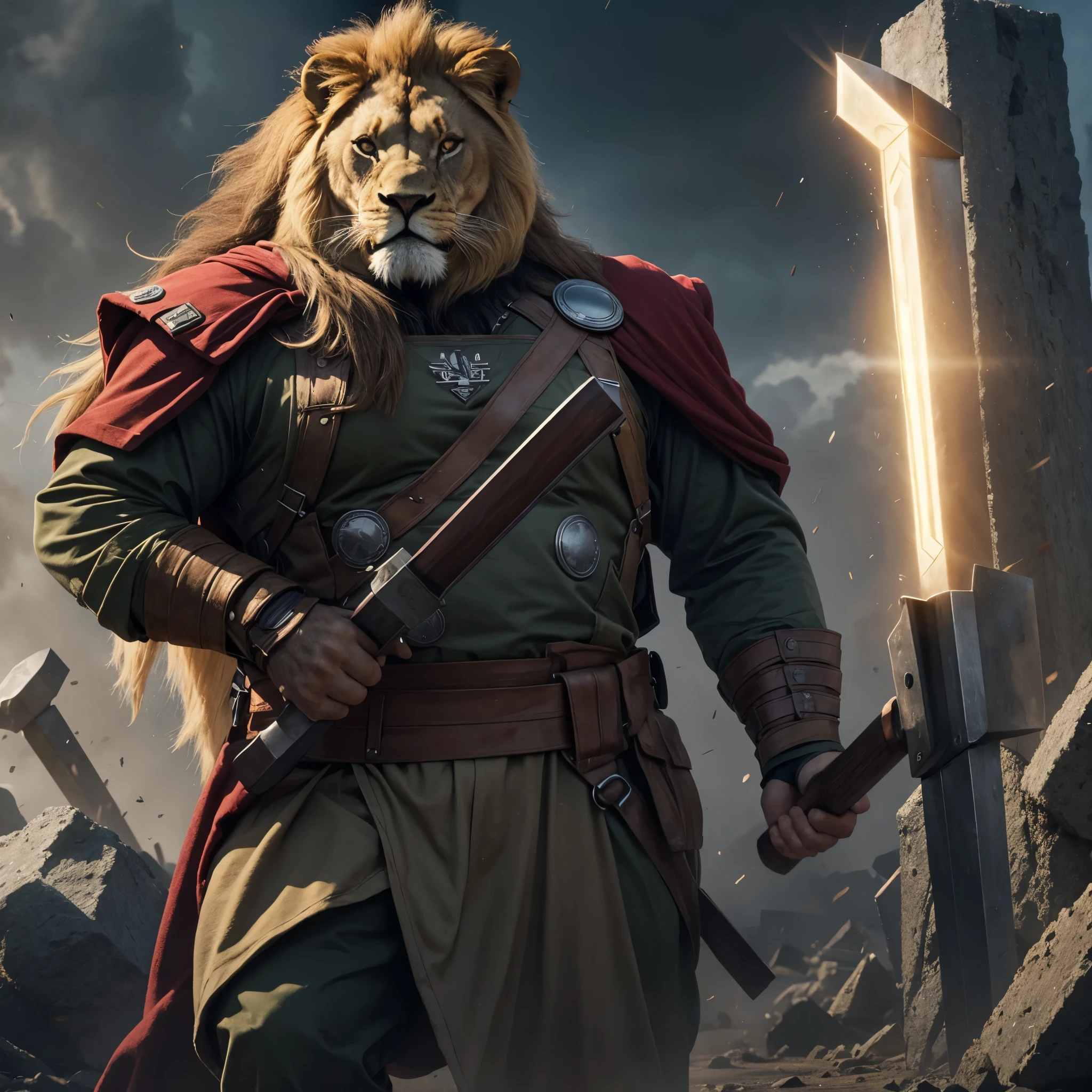 A huge lion dressed in the military with Thor's hammer in his hand