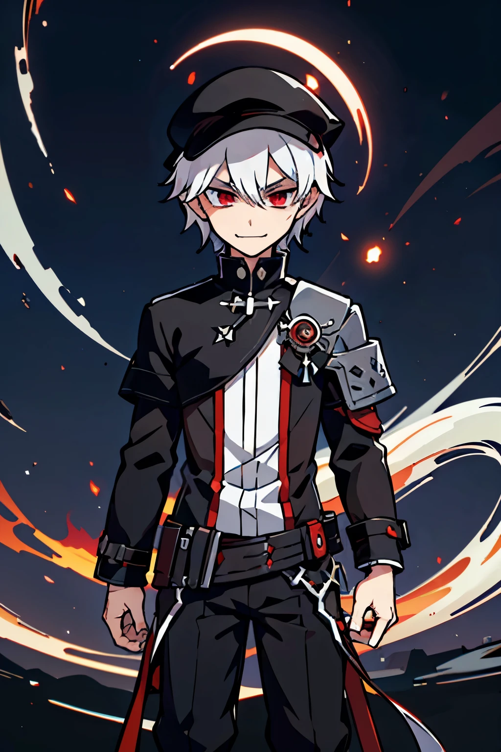 Masterpiece, Best Quality, 1boy, solo, white hair, vivid red eyes, glowing eyes, pale skin, black hat, black clothes, mystical clothes, elsword style clothes, tired expression, ((((dark eyebags:1.0))), (((smirking:1.0))), night time, floating islands background