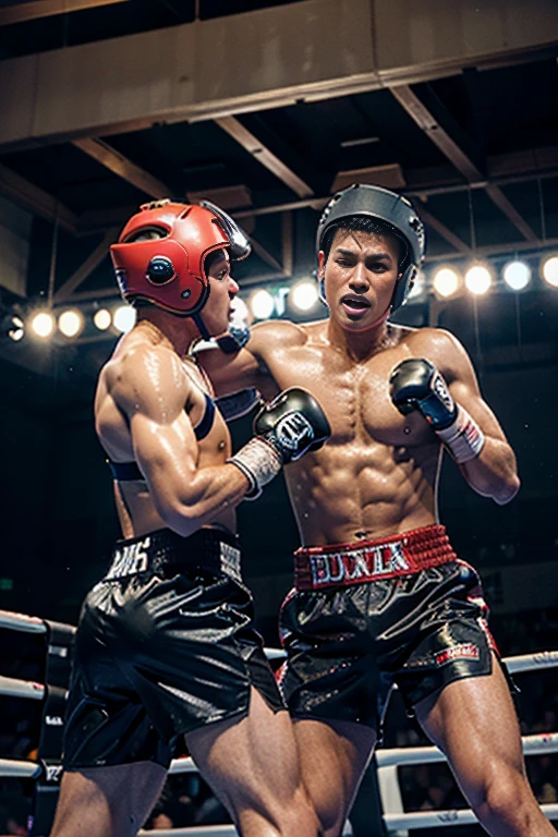(original) , (very detailed wallpaper) , (best quality) , (masterpiece) , photographic reality, realistic, very detailed illustrations, (2 boys, 18 years old) , Indonesian male boxers, dark skinned, (serious faces) , perfect detail, (best lighting) , (super complex details) ,
(Professional boxing boys) , (boxing helmets on: 1.3), (aggressive punching to each other) , sweat, heavy breathing, (oppressive attack) , (boxing ring) , (both boxer wearing protective boxing helmets: 1.3), athletic shorts, (no shirts: 1.4), perfect detail, boxing gloves on, perfect limbs, impact, (shiny skin) , abs, muscles, waistline,boxing shorts, realistic boxing fight, boxing fight to the death, (boxing arena: 1.3), fight on a big boxing event, (super detailed CG: 1.2) , (8K: 1.2) , realistic, octane rendering