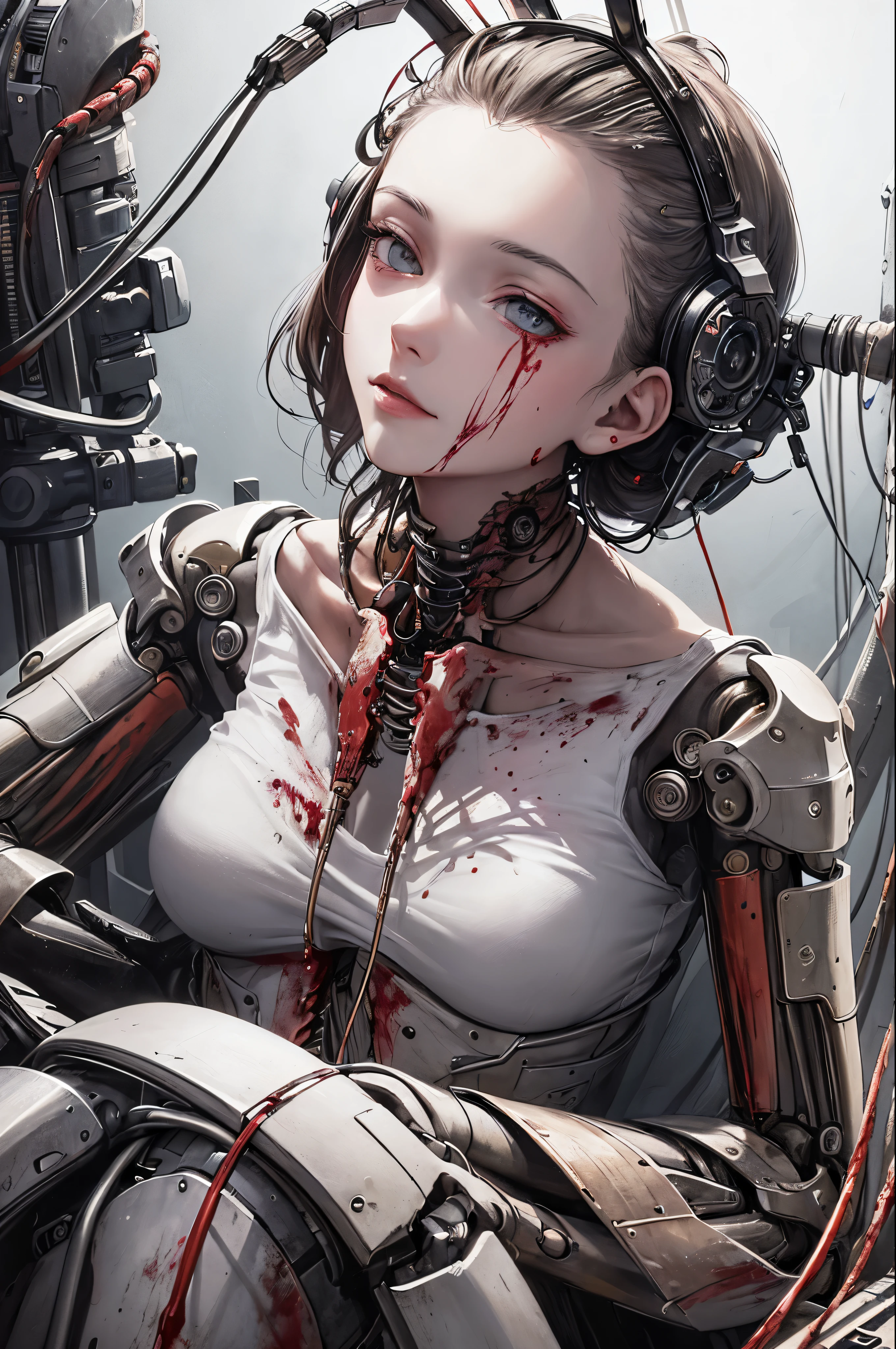 (masterpiece, highest quality, highest quality, official art, beautiful and aesthetic:1.2), (1 girl:1.3), very detailed,colorful,most detailed ((Super detailed)), (Detailed CG illustration), ((very delicate and beautiful)),(From the side),cinematic light,((1 Mechanical Girl)),alone,whole body,(Machine Made Joint:1.2),((mechanical limbs)),(Blood vessels connected to tubes),(mechanical spine attached to the back),((Mechanical cervical vertebrae attached to the neck)),(sitting),Expressionless,(Wires and cables connected to the neck:1.2),(head wire and cable:1.2)(character focus),SF,white background,(Blood:1.5)