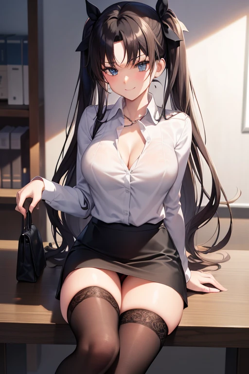 Rin Tohsaka, Rin Tohsaka, aqua eyes, Black hair, Hair Ribbon, Long hair, bow ribbon, (side locks:1.3), (black thighhighs:1.3), looking at the viewers, BREAK (masutepiece:1.2), Best Quality, High resolution, Unity 8k壁纸, (Illustration:0.8), (Beautiful detailed eyes:1.6), extra detailed face, Perfect Lighting, extremely details CG, (Perfect hands, Perfect Anatomy),,cowboy  shot、(white  shirt:1.5)、(Office Lady:1.3)、Miniskirts、((Black skirt:1.5))、s Office、Jacket, Formal, Suit, pencil skirts, Skirt suit、(cleavage of the breast),A smile、Sitting on a chair、(white  panties:1.3), office lady ID card, ID card