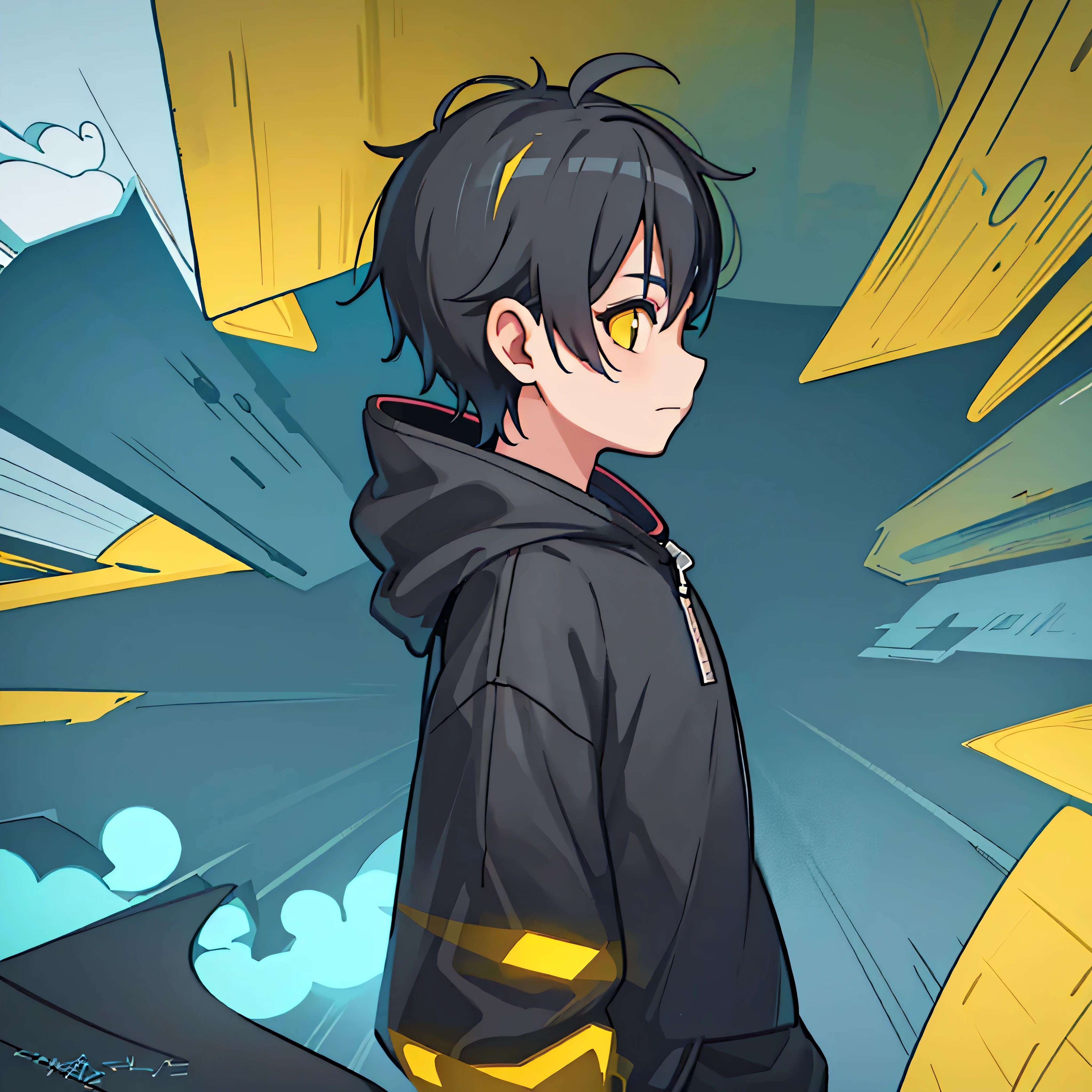 chico anime con una chaqueta negra con cabello negro y ojos amarillos, estilo de arte anime, high quality estilo de arte anime, joven animado, anime estilizado, trigger estilo de arte anime, Estilo anime 2D, modelo de youtuber virtual live2d, anime estilizado, color plano, arte lineal