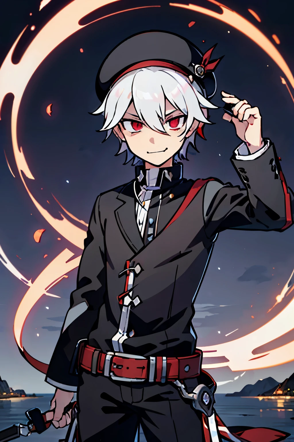 Masterpiece, Best Quality, 1boy, solo, white hair, vivid red eyes, glowing eyes, pale skin, black hat, fedora hat, black clothes, mystical clothes, elsword style clothes, tired expression, ((((dark eyebags:1.0))), (((smirking:1.0))), night time, floating islands background