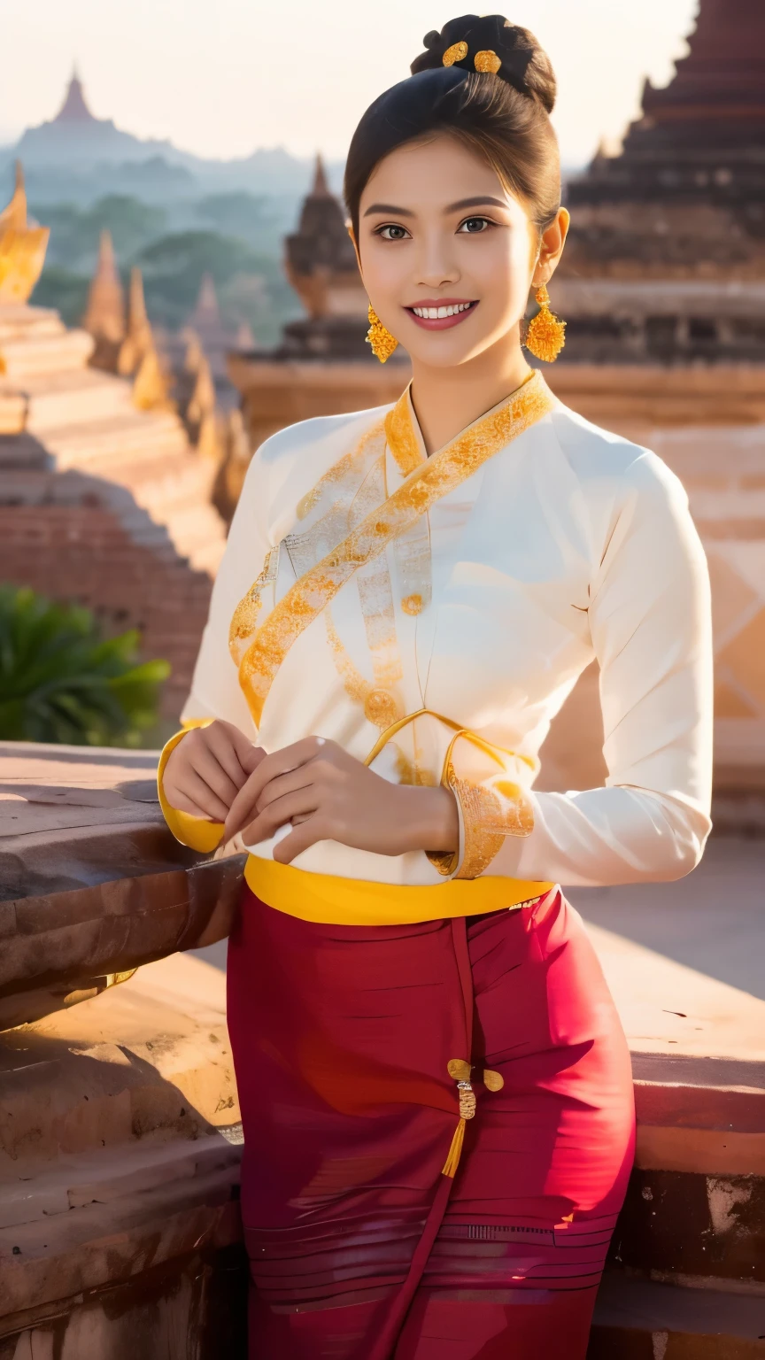 A breathtakingly beautiful young woman dressed in a Keng Tong Tai Khun traditional outfit, captured in a full-body photorealistic portrait against the backdrop of the majestic Bagan temples.

Details:

Outfit:
Exquisite Keng Tong Tai Khun traditional costume, meticulously crafted with rich fabrics and intricate embroidery. Think vibrant silks, gold thread accents, and delicate beadwork.
Full regalia of accessories: gold bangles adorning her arms, a statement necklace encircling her neck, and gleaming earrings cascading from her ears.
Appearance:
Mesmerizing facial features with flawless skin, captivating eyes, and a gentle smile.
Messy bun hairstyle adorned with fresh flowers and secured with a golden pin.
Pose and setting:
Full-body portrait, standing elegantly against the backdrop of the ancient Bagan temples bathed in the warm glow of the setting sun.
Long shot photography, allowing for the grandeur of both the woman and the temples to be fully appreciated.
Style:
Photorealistic, capturing every intricate detail of the costume, jewelry, and the weathered beauty of the temples.
High resolution (4k) for exceptional clarity and sharpness.
A touch of dreamlike quality, emphasizing the timeless elegance of the woman and the mystical aura of Bagan.