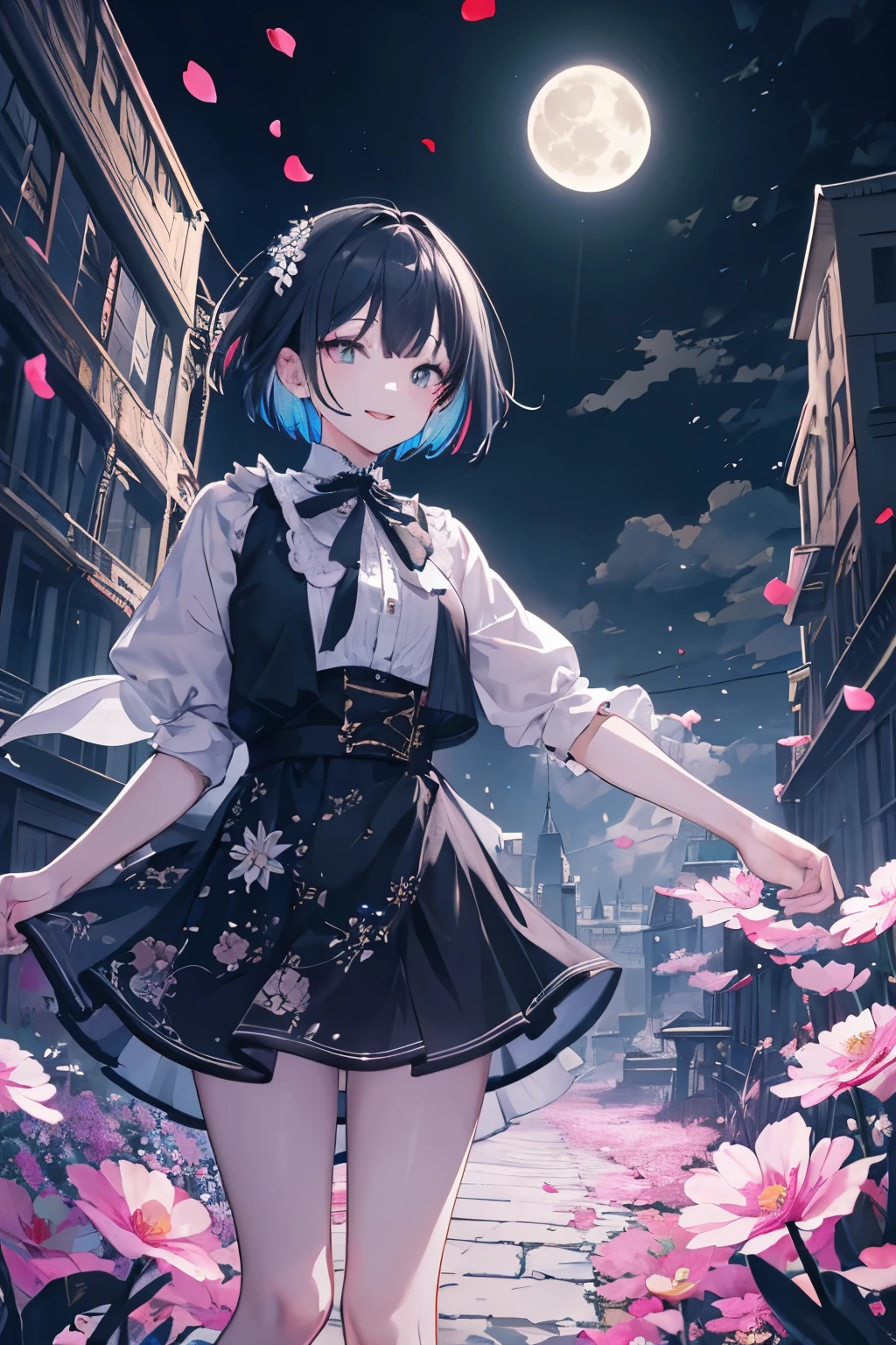 masterpiece, best quality,
1girl, (colorful),cinematic lighting,bust shot,extremely detailed CG unity 8k wallpaper,solo,smile,intricate skirt,short hair,((flying petal)),(Flowery meadow)
sky, cloudy_sky, building, moonlight, moon, night, (dark theme:1.3), light, fantasy,