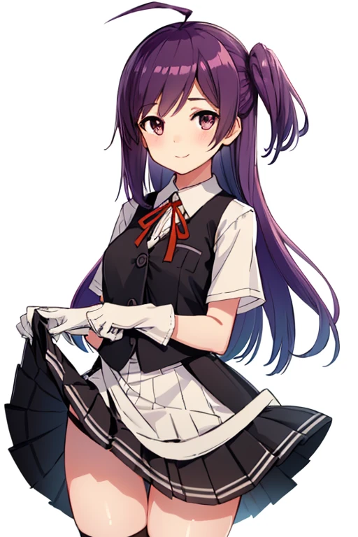 masterpiece, highest quality,
1 girl, alone,
(white background:1.4), looking at the viewer,
smile, blush, clothing lift,skirt lift,lift it yourself,  purple_panties,
Hagikaze, Ahoge, one side up,
shirt, neck ribbon, short sleeve, vest, black skirt, white gloves,
Shushing, Full body