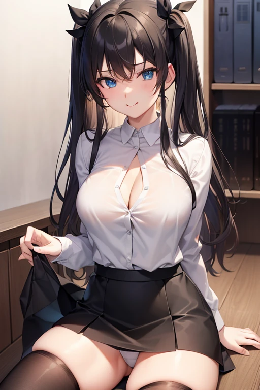 Rin Tohsaka, Rin Tohsaka, aqua eyes, Black hair, Hair Ribbon, Long hair, bow ribbon, (side locks:1.3), (black thighhighs:1.3), looking at the viewers, BREAK (masutepiece:1.2), Best Quality, High resolution, Unity 8k壁纸, (Illustration:0.8), (Beautiful detailed eyes:1.6), extra detailed face, Perfect Lighting, extremely details CG, (Perfect hands, Perfect Anatomy),,cowboy shot、(white shirt:1.5)、(Office Lady:1.3)、、((Black skirt:1.5))、s Officket, Formal, Suit, pencil skirts, Skirt suit、(cleavage of the,A smile、Sittingchair、(white panties:1.3), office lady ID