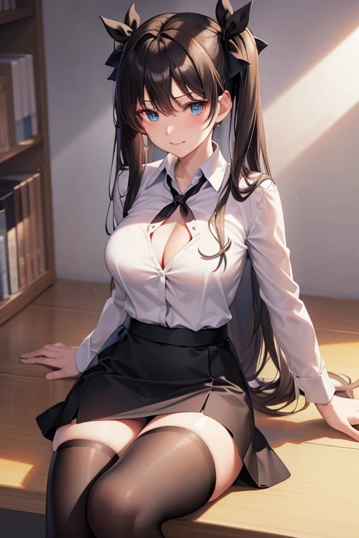 Rin Tohsaka, Rin Tohsaka, aqua eyes, Black hair, Hair Ribbon, Long hair, bow ribbon, (side locks:1.3), (black thighhighs:1.3), looking at the viewers, BREAK (masutepiece:1.2), Best Quality, High resolution, Unity 8k壁纸, (Illustration:0.8), (Beautiful detailed eyes:1.6), extra detailed face, Perfect Lighting, extremely details CG, (Perfect hands, Perfect Anatomy),,cowboy  shot、(white  shirt:1.5)、(Office Lady:1.3)、Miniskirts、((Black skirt:1.5))、s Office、Jacket, Formal, Suit, pencil skirts, Skirt suit、(cleavage of the breast),A smile、Sitting on a chair、(white  panties:1.3), office lady ID card