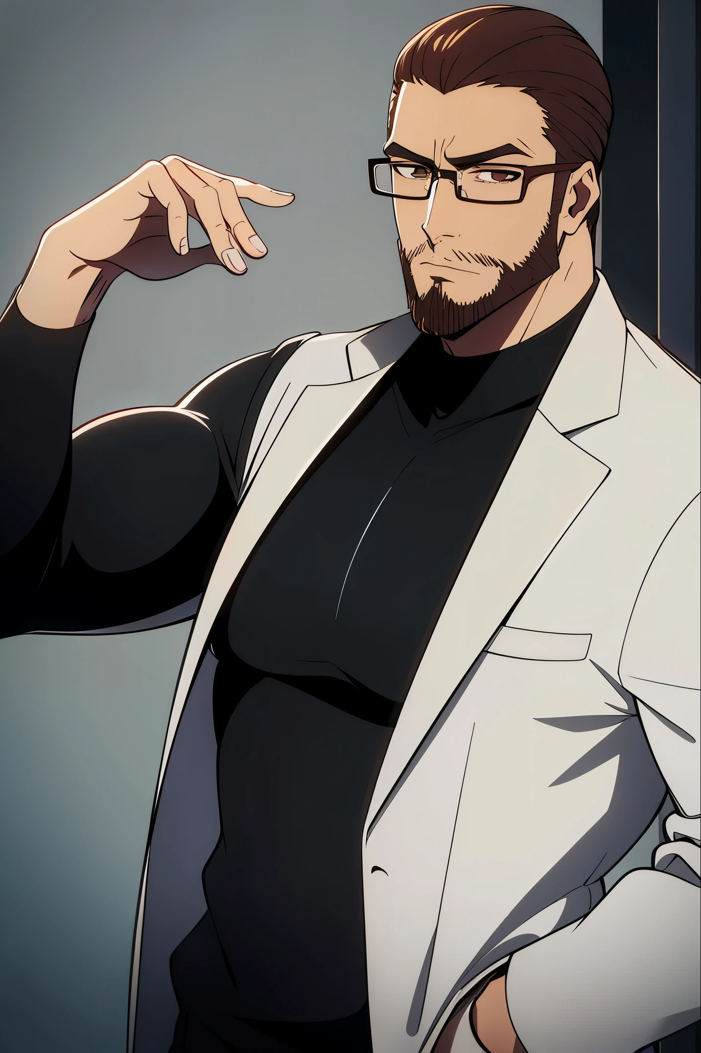 A male character with brown hair slicked back and glasses and a beard