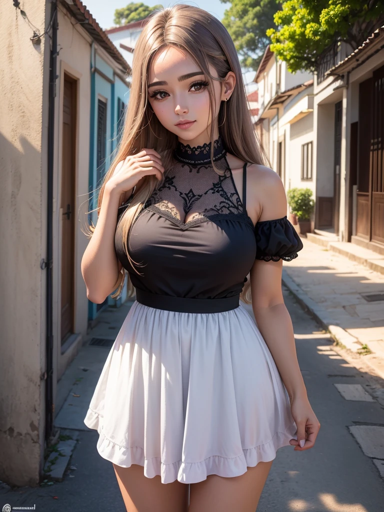 Senhora idosa de cabelo castanho, rosto detalhado e sombreado, vestido, pousando para foto de frente, Home Scenery, senhora, dia (melhor qualidade).