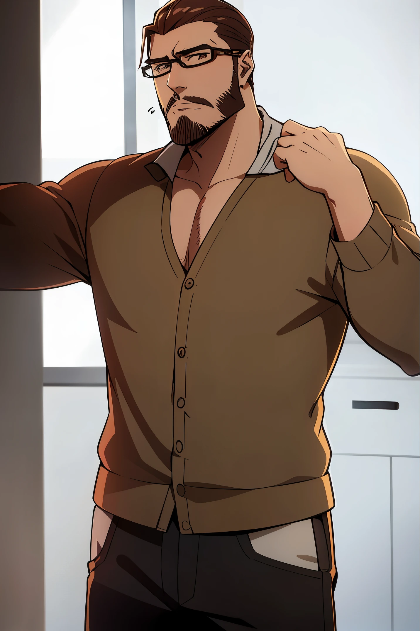 A male character with brown hair slicked back and glasses and a beard