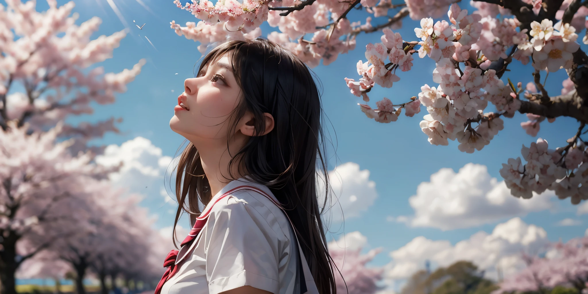 (masterpiece, best quality),1girl, solo, cherry blossom, cherry trees, long hair, outdoors, letterboxed, school uniform, day, sky, looking up, short sleeves, parted lips, shirt, cloud, black hair, sunlight, white shirt, serafuku, upper body, from side, blurry, blue sky, depth of field
