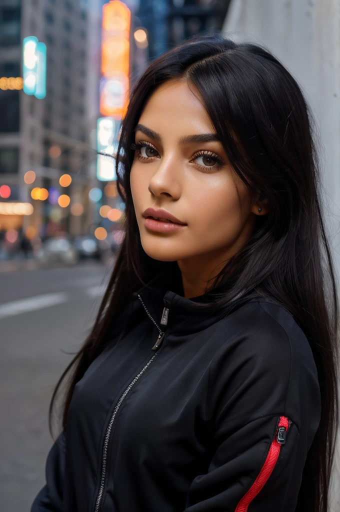 (masterpiece), (best quality:1.0), (ultra highres:1.0), closeup, 1 girl, detailed beautiful, face focus, tomboy, skinny, long hair, brazilian face, wallpaper 8k, (black colorful hair), beutiful woman, makeup, black tracksuit, new york city, full body