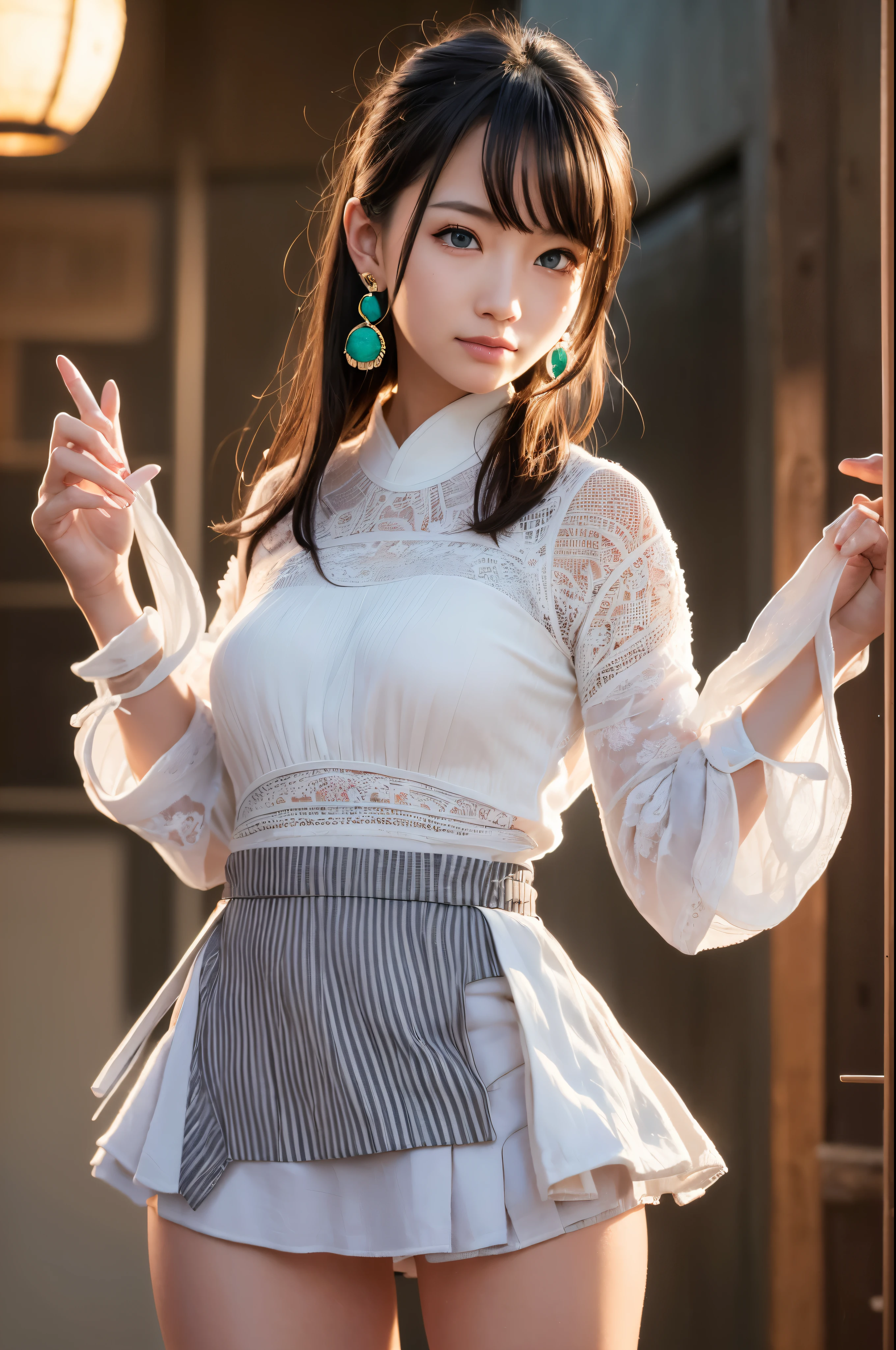 1 girl, whole body:1.2, perfect anatomy, very detailed顔と目,, (blue eyes), gray hair:1.7,smile:0.3, 20-year-old, muscular:1.5, (earrings,good:1.5, white mini skirt), blurred background, ( 8,000 students, photorealism:1.5, masterpiece, heightens,  At night, midnight, dark, rtx, realistic照明, photo taken in ancient japan, very detailed流れる髪, realistic hair, realistic shadow, confused, very detailed, 4K, (green eyes), (beautiful girl: 1.4), (masterpiece),ultra detail, (highest quality), (ultra high resolution), (masterpiece), realistic:1.3, smile,  balanced pupil, symmetical pupil and iris,Chromatic_aberration:0.8, dynamic_color_range, lens_twist:0.7, Holding lanterns,delicate hands,  Japanese
