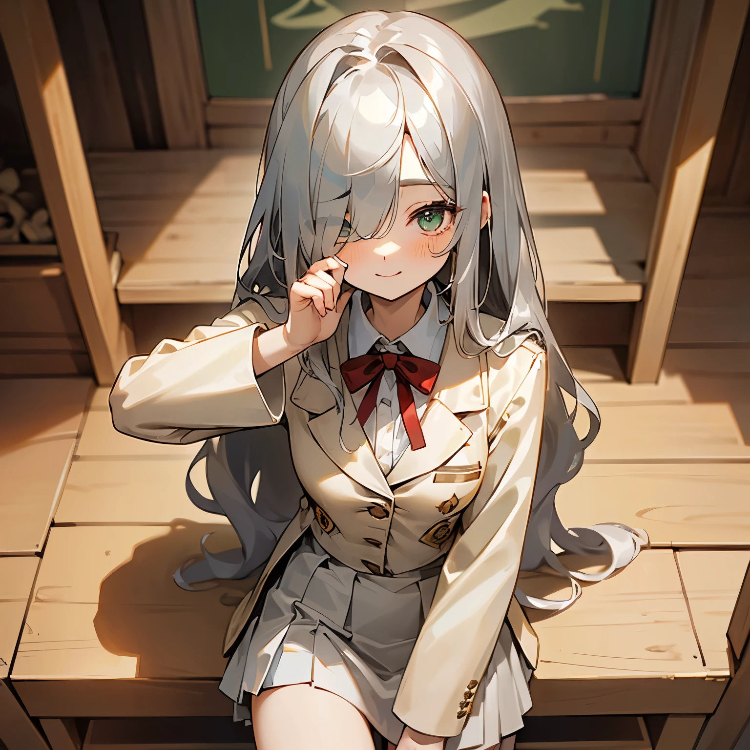 ((Masterpiece)), (Professional Photography), (High Definition:1.3), (silver long bangs hide the right eye:1.5), ((hair over one eye)), best quality, 8K, Textured skin, cinematic lighting, (1girl), short stature, (sitting), cute young girl, ((loose curls hair)), (semi-long hair), (blush, smile), (brilliant green eyes), drooping eyes, very cute, small breasts, slender waist, undress slovenly, (pale Ivory color blazer student's uniform), (white blouse), ((brown skirt)), (In the shrine), red string ribbon