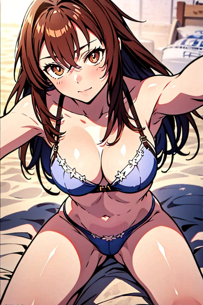ultra-detailliert, hight resolution, (Realistic, Photorealistic: 1.4), inside in room、Sit on the bed、Kumiko、front-facing view、8K, Raw photo, (masutepiece), (Best Quality), physically-based renderingt, Pupils, long brown hair, sand beach, _white_Shirt、Burnt skin、brownish colors、Kumiko Omae、Loose socks、The absolute standard is the center of the navel、White underwear、White bra