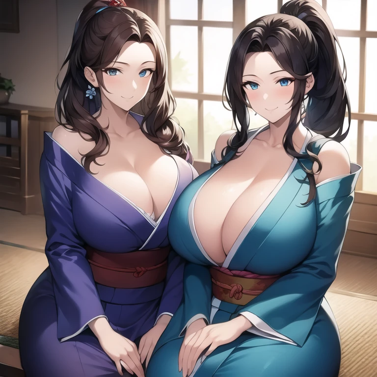 ((masterpiece)), ((best quality)), (ultra-detailed), (realistic), beautiful face, detailed hands, expressive eyes, 1girl, solo, mature female, milf, motherly, forehead, big breasts, narrow waist, wide hips, curvy, (straight hair, long hair, high ponytail, dark hair, dark eyes, blue kimono, cleavage), dojo, looking at viewer, cowboy shot, seductive smile, sitting