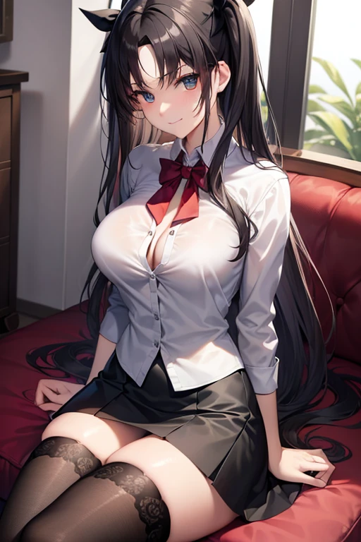 Rin Tohsaka, Rin Tohsaka, aqua eyes, Black hair, Hair Ribbon, Long hair, bow ribbon, (side locks:1.3), (black thighhighs:1.3), looking at the viewers, BREAK (masutepiece:1.2), Best Quality, High resolution, Unity 8k壁纸, (Illustration:0.8), (Beautiful detailed eyes:1.6), extra detailed face, Perfect Lighting, extremely details CG, (Perfect hands, Perfect Anatomy),,cowboy shot、(white shirt:1.5)、(Office Lady:1.3)、Miniskirts、((Black skirt:1.5))、s Office、Jacket, Formal, Suit, pencil skirts, Skirt suit、(cleavage of the breast),A smile、Sitting on a chair、(white panties:1.3), office ID card holder