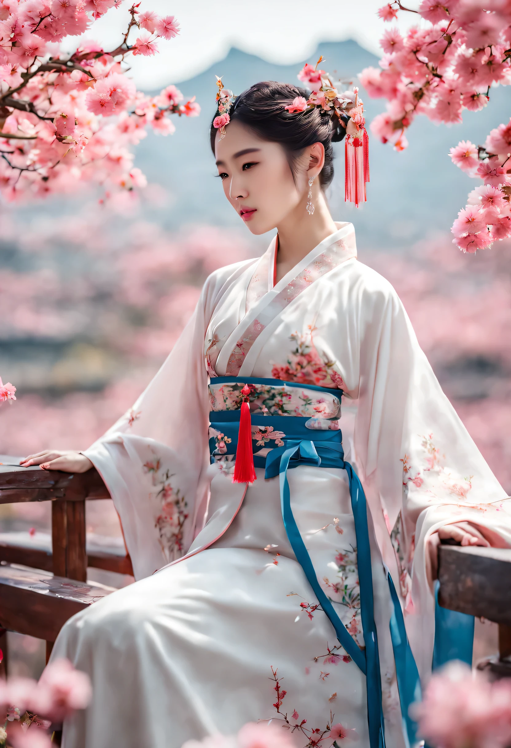 with blue sky and white clouds,A mountain in the distance,pink flowers, That,Cherry tree,hanfu woman,Phoenix Crown Tiara、Careful embroidery、Hanfu tights、Wearing Hanfu Sleeveless、Transparent panties are clearly visible、Look at the panties and panties、Naked breasts oversized、RAW,(8K、top quality、the masterpiece:1.8)、(complex parts:1.8)、(realism:1.8)、octane number、Sophisticated 3D rendering with ultra detail, Studio Soft Light, Edge lights, bright detail, Super Detail, realistic skin textures, detail, Beautiful eyes, Highly detailed CG Unity wallpaper 16k, cosmetics, (detailed background:2.0), Skin glows、spread your legs,Camel toe, showing thigh!!!、