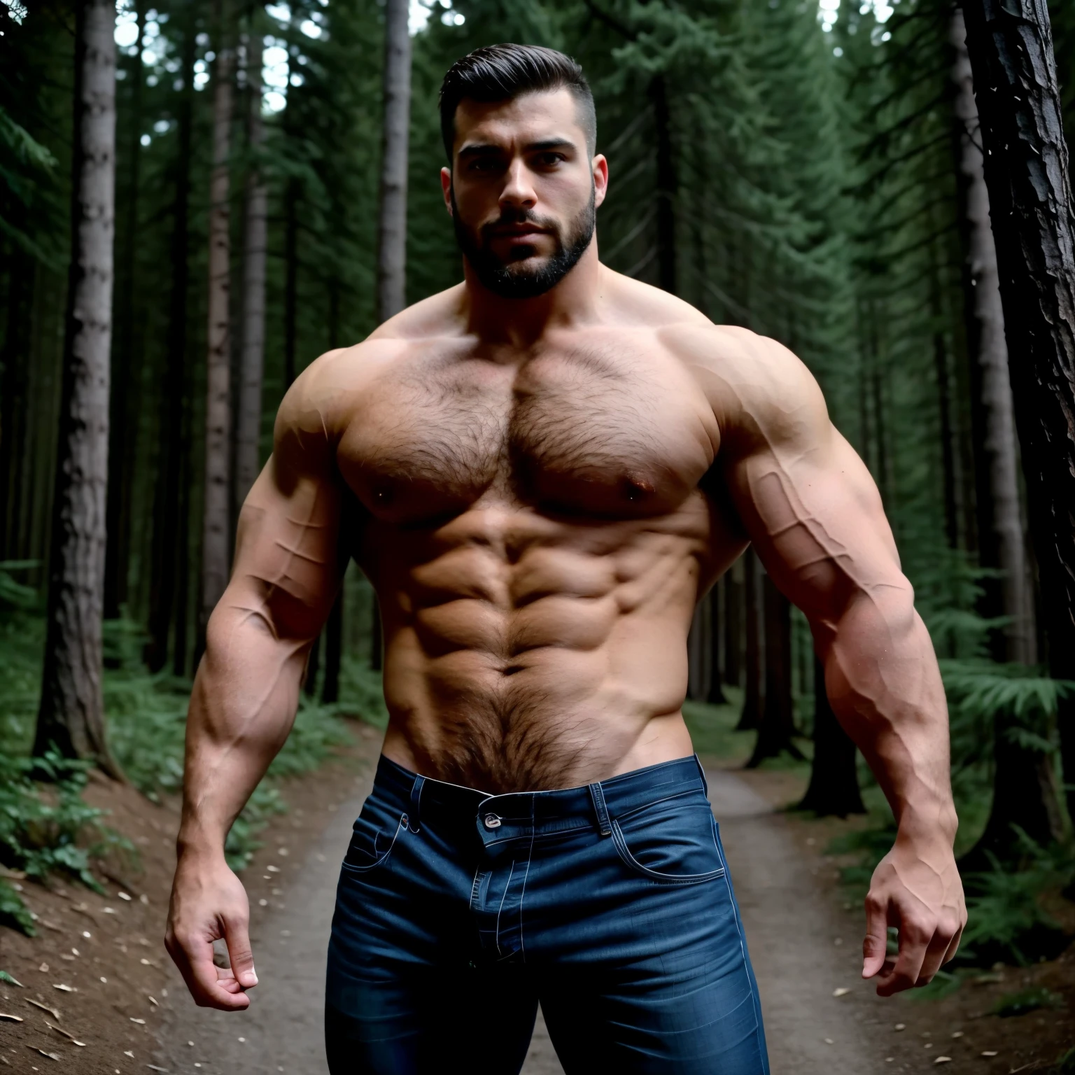 arafed man with a beard and no shirt standing in the woods, naked, large penis, erection, glans, frenulum, testicles, latin-serbian, thick muscular men, muscled, athletic tall handsome guys, 2 muscular attractive men, very beautiful & gorgeous. big muscles, big wide broad strong physique |, strong masculine features, extremely muscular, masculine and strong, a muscular, muscular build, absurdly massive physique, dominant, attractive