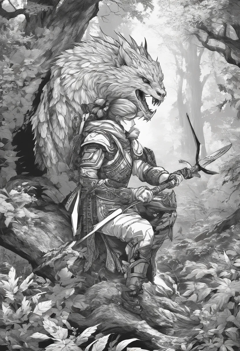 Monster Hunter,child,boy,white eyes,kneeling,with a katana on his back,the forest,damned souls,Battle,magic,black and white,2d style.