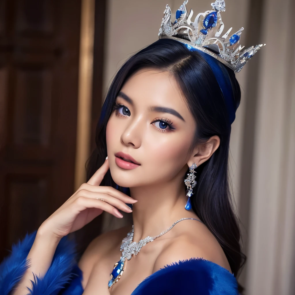 asian woman

Don a royal blue velvet gown with a high neckline.
Adorn a tiara or crown with intricate gemstones.
Concept: Channel an aura of regal sophistication with strong, confident poses.

nikon d850, 85mm high angle shot , extreme details on eyes , extreme details on face , extreme details on hands and fingers.  