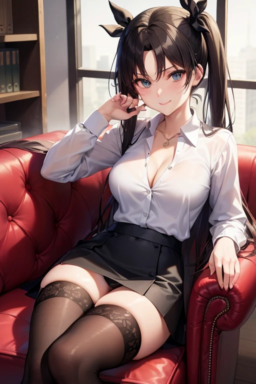 Rin Tohsaka, Rin Tohsaka, aqua eyes, Black hair, Hair Ribbon, Long hair, bow ribbon, (side locks:1.3), (black thighhighs:1.3), looking at the viewers, BREAK (masutepiece:1.2), Best Quality, High resolution, Unity 8k壁纸, (Illustration:0.8), (Beautiful detailed eyes:1.6), extra detailed face, Perfect Lighting, extremely details CG, (Perfect hands, Perfect Anatomy),,cowboy shot、(white shirt:1.5)、(Office Lady:1.3)、Miniskirts、((Black skirt:1.5))、s Office、Jacket, Formal, Suit, pencil skirts, Skirt suit、(cleavage of the breast),A smile、Sitting on a chair、(white panties:1.3), office ID card holder, office lady ID card worker holder, office ID card holder, ID card