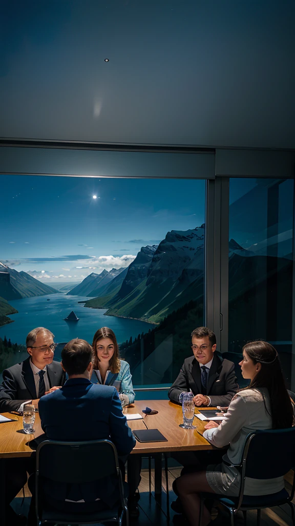2 men and 4 women behind the table holding a meeting in the atmosphere of Torsnak and blue light