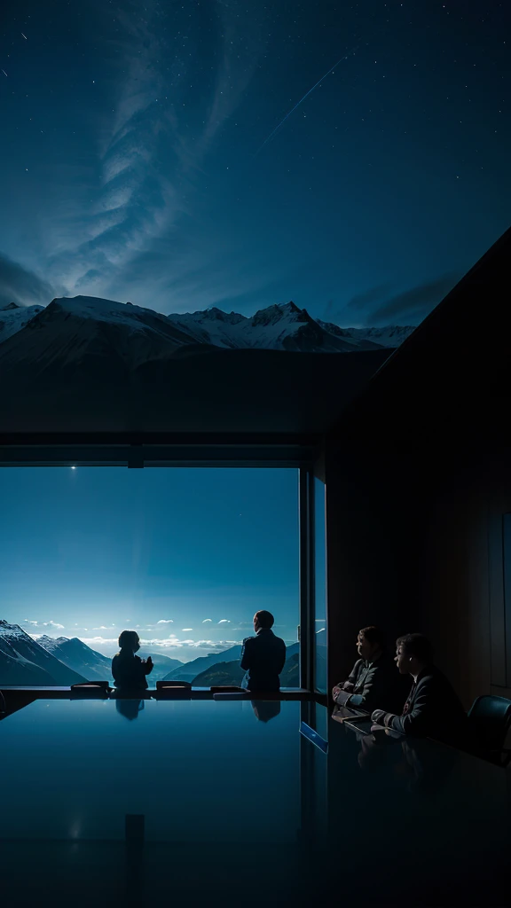 2 men and 4 women behind the table holding a meeting in the atmosphere of Torsnak and blue light