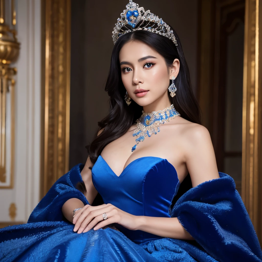 asian woman
Don a royal blue velvet gown with a high neckline.
Adorn a tiara or crown with intricate gemstones.
Concept: Channel an aura of regal sophistication with strong, confident poses.
nikon d850, 85mm high angle shot , extreme details on eyes , extreme details on face , extreme details on hands and fingers.