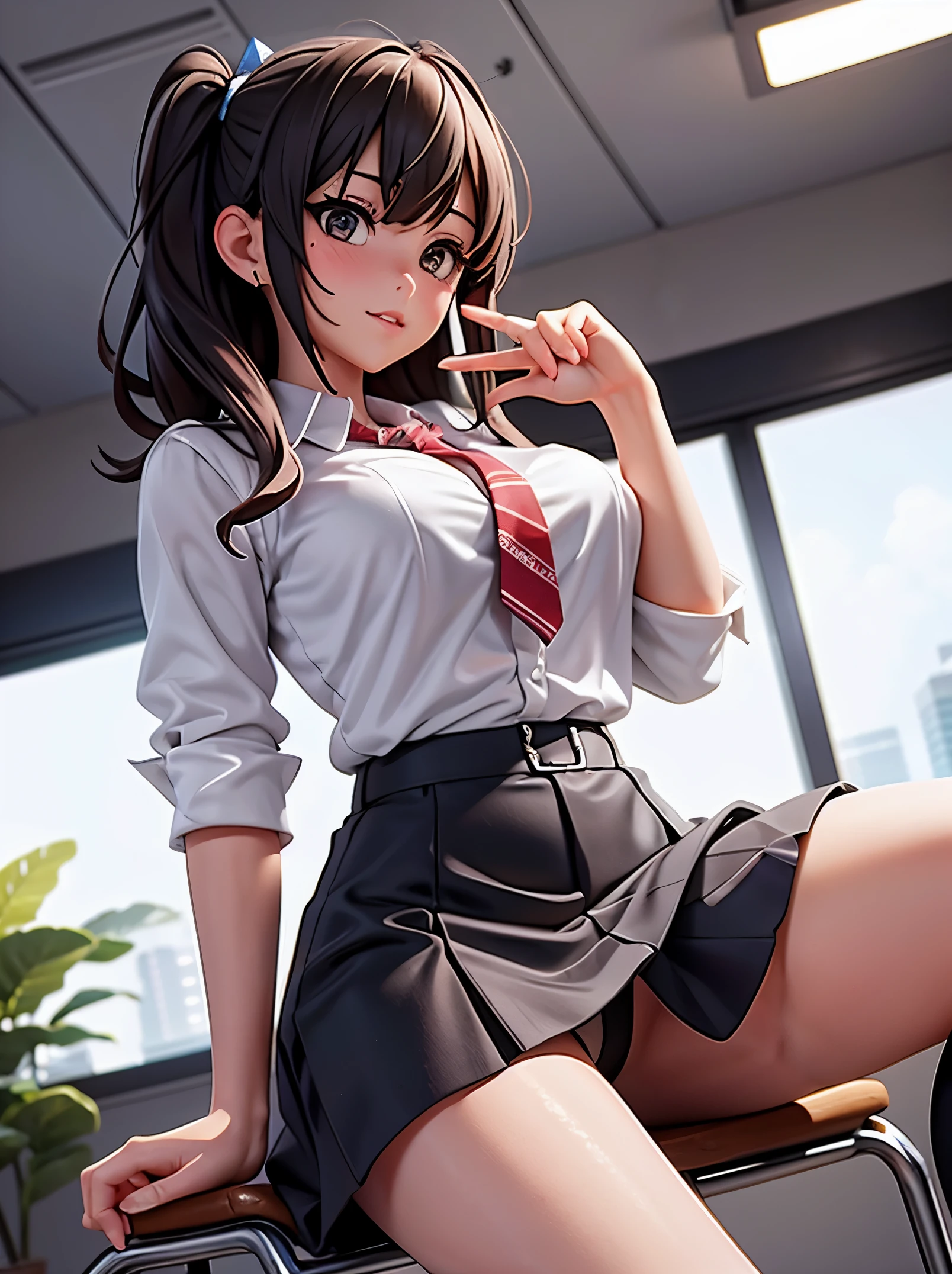 NSFW、27 years old、Ahegao、cross-eyed、office girl、open white shirt、Black tight skirt rolled up、light brown pantyhose、M-shaped legs、spread your legs wide、Precise human body structure、accurately depict limbs、five fingers、sit in a chair