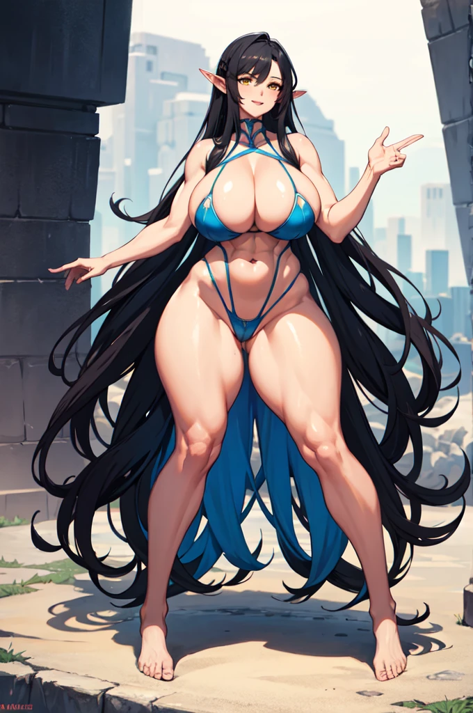 1woman, adult woman, mature, 46-years old, elf, standing, totally naked, nature background, looking the viewer, nsfw((masterpiece)), (gigantic breasts), beautiful adult woman, long hair, black hair, colored inner hair blue, yellow eyes, big eyes, barefoot, thick thighs, big ass, wide ass, (excessive breast expansion), busty, sharp focus, perfect body, huge boobs, extremely huge breats, wide hips, (thick thighs:1.2), huge pussy, deep crotch, thick body, full body, massive lips, hourglass body, big abs, muscolar legs, athletic ass, fair expression, confident smile, Ultra Quality, Masterpiece, Ethereal,Ultra-Detailed,8K, divine presence, breathtaking beauty, vivid colors reflects, front view, all four
