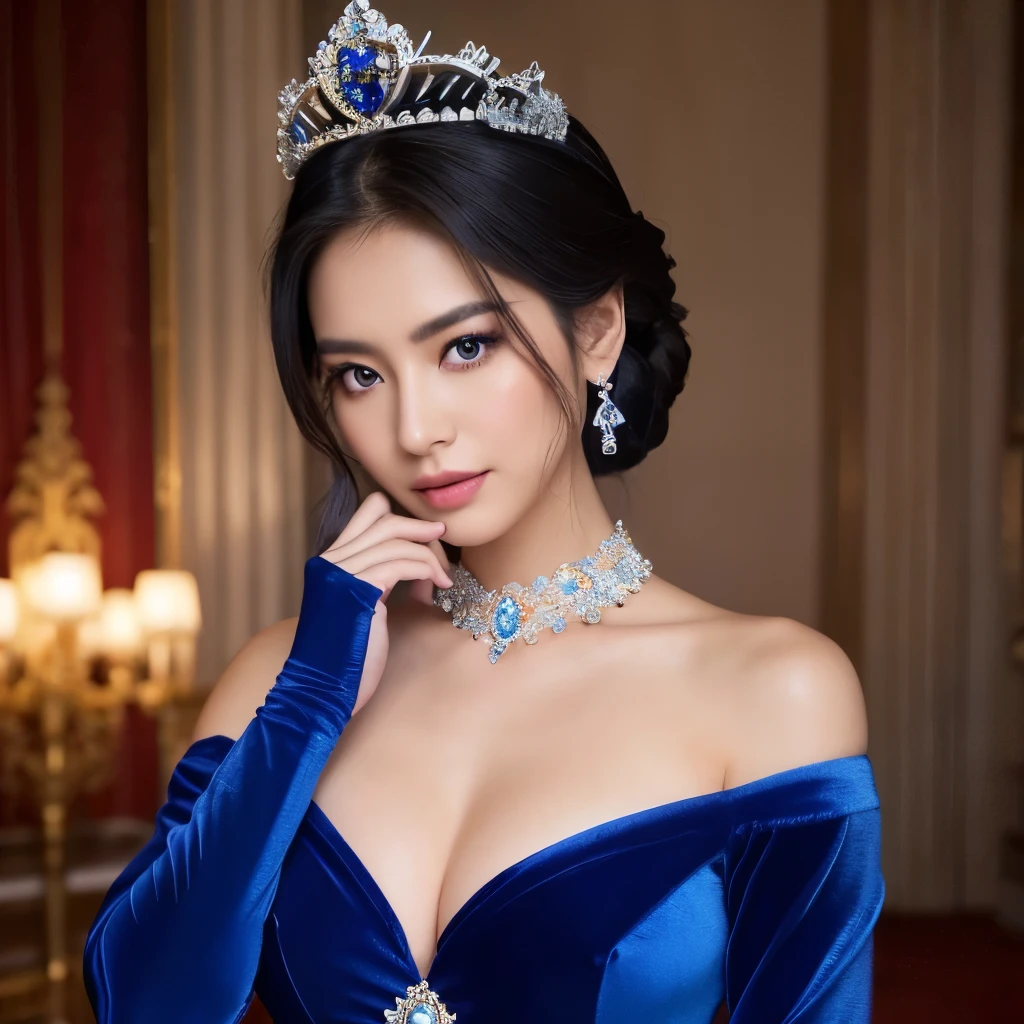 asian woman
Don a royal blue velvet gown with a high neckline.
Adorn a tiara or crown with intricate gemstones.
Concept: Channel an aura of regal sophistication with strong, confident poses.
nikon d850, 85mm high angle shot , extreme details on eyes , extreme details on face , extreme details on hands and fingers.